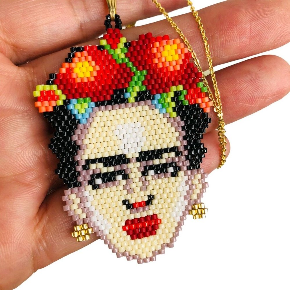 NEW Frida Kahlo Seed Bead Necklace Miyuki Handmade Artisanal Mexican Artist 18" - Picture 5 of 5